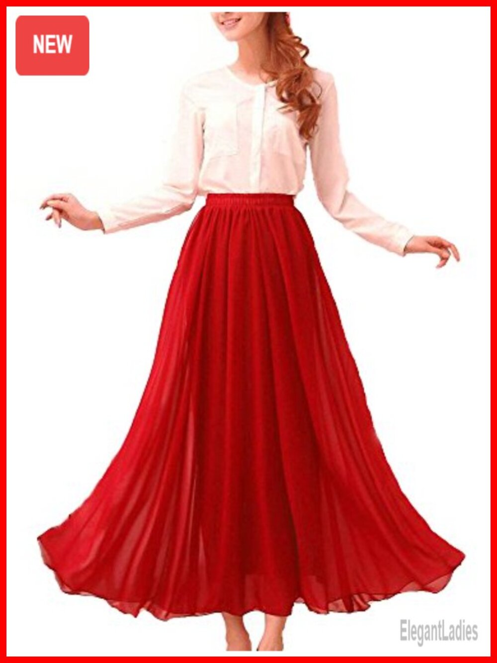 Womens Chiffon Pleated Maxi Skirt Elastic Waist High Rise Beach Ankle Length